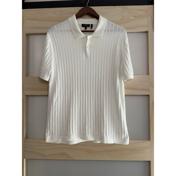 Theory Men’s Ivory Cable Knit Polo Shirt Short Sleeve 100% Cotton Size M NWT $18 - Picture 2 of 4